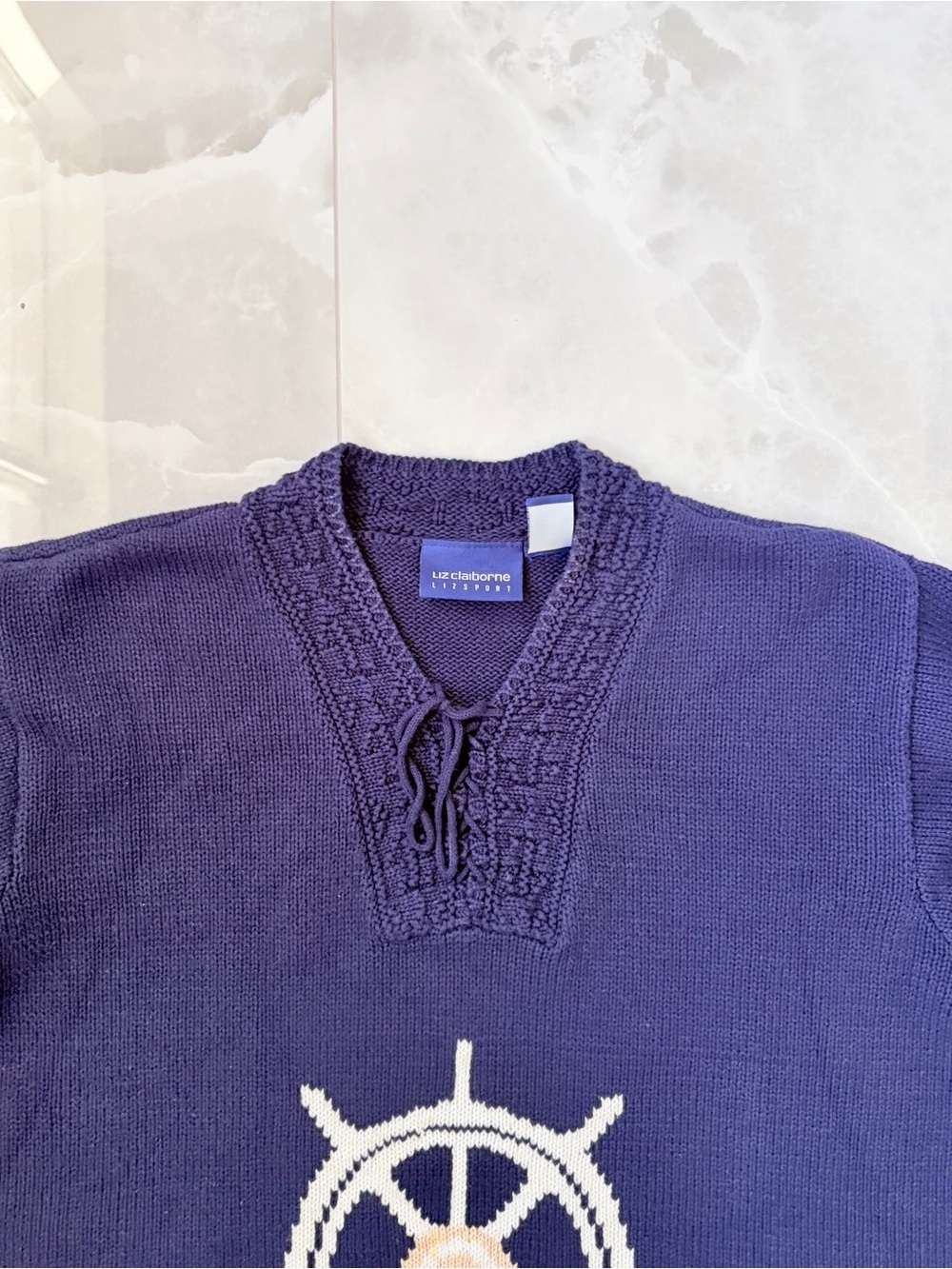 Vtg Liz Claiborne Sport Nautical Yacht Sailing Ship Wheel Knit Sweater Medium - Picture 3 of 6